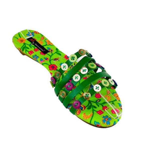 M by Morenatom Shoes - M by Morenatom Womens Size 7B Green Floral Sandal Flats Straps w/ Button Accents
